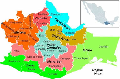 Carte des régions et districts de Oaxaca, Mexique
