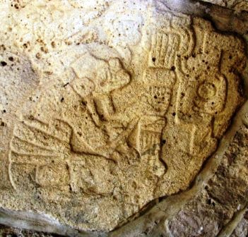 un des possibles dieux ou pretres de la galerie des joueurs de balle de Dainzu, Oaxaca, Mexique