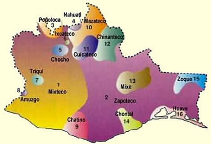 Carte de la répartition des principaux dialectes de Oaxaca, Mexique