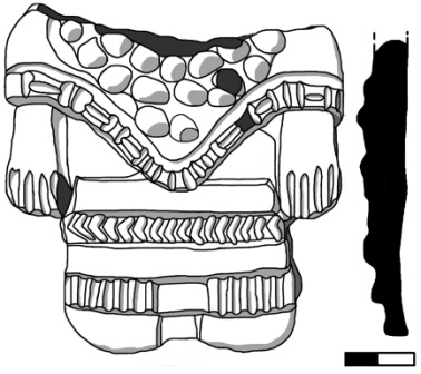 Dessin et coupe réalisés en laboratoire du corps d’une figurine Zapotèque de phase Xoo