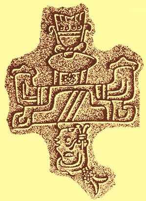 Gravure de l’édifice J de Monte Alban, symbolisant la conquête. Oaxaca, Mexique
