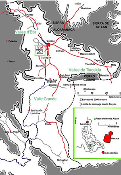 Localisation de Monte Albán dans les vallées centrales de Oaxaca, Mexique