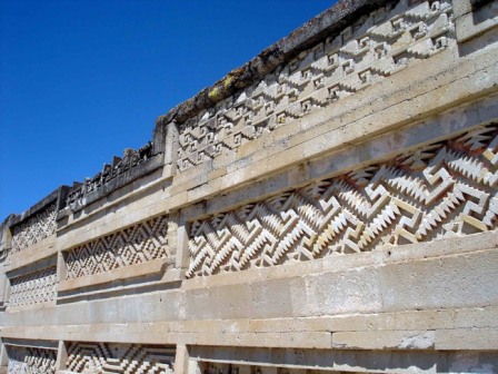 Détails des grecques du groupe des colonnes de Mitla, Oaxaca, Mexique