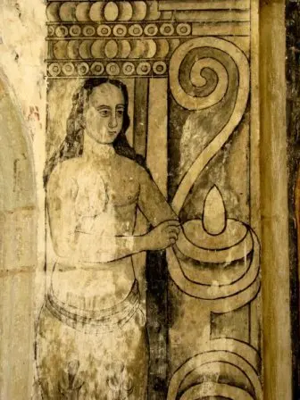 Détail d’une peinture du patio intérieur de l’ex-couvent de Cuilápam de Guerrero, Oaxaca, Mexique