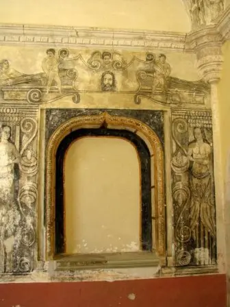 Détail d’une peinture du patio intérieur de l’ex-couvent de Cuilápam de Guerrero, Oaxaca, Mexique