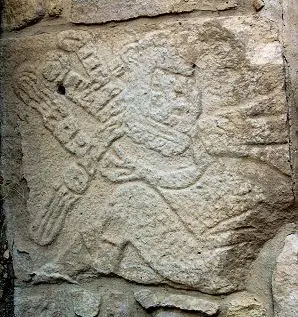 Une des gravures de la galerie des joueurs de balle de Dainzú, Oaxaca, Mexique