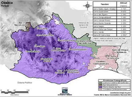 Carte du relief de Oaxaca, Mexique