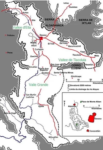Carte des vallées centrales de Oaxaca, Mexique