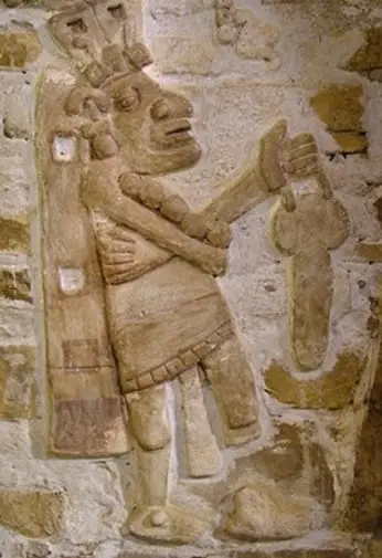 Détail des personnages en stuc des murs de la tombe 1 de Villa de Zaachila, Oaxaca, Mexique